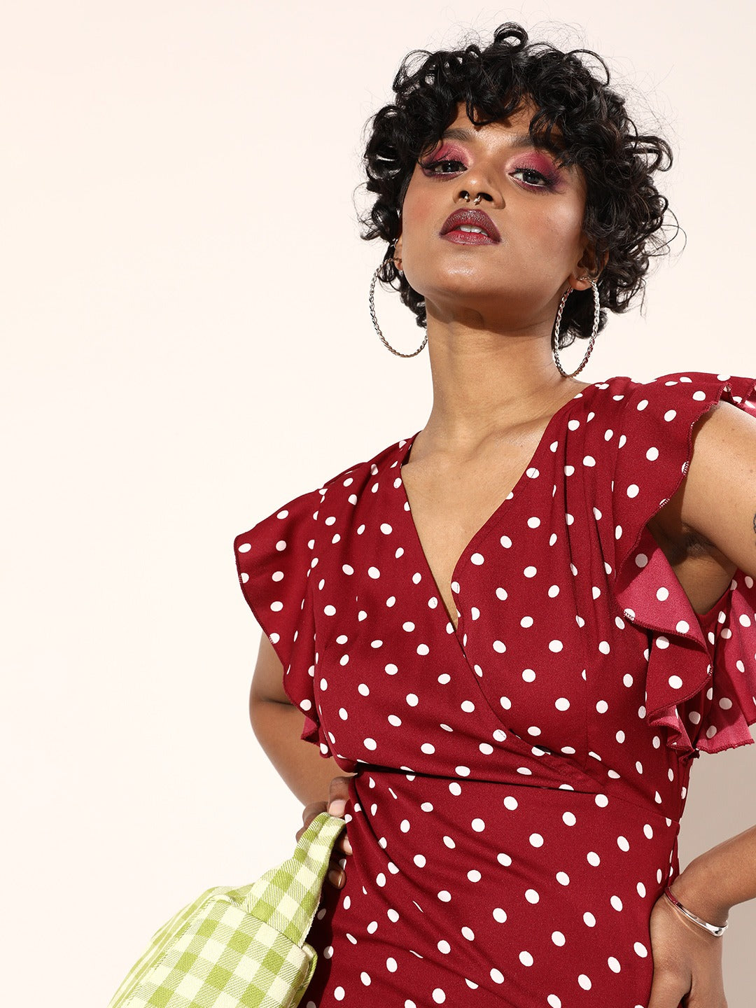 Berrylush Women Red White Polka Dot Printed V-Neck Backless Ruffled