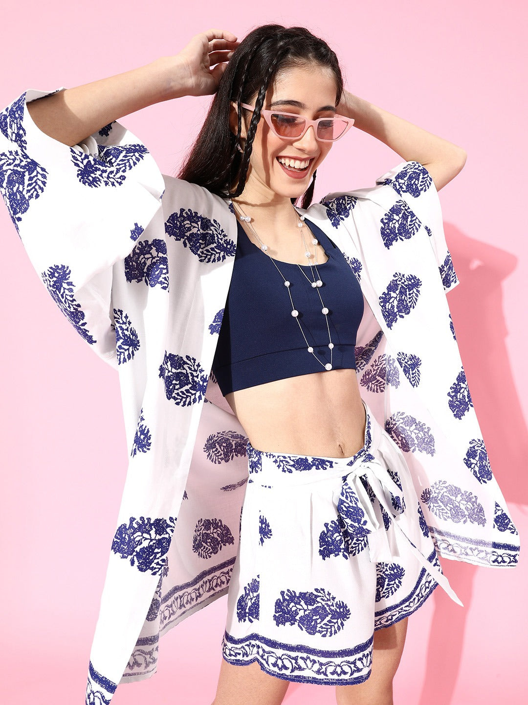 Berrylush Women White Blue Paisley Printed Open Front Longline Shrug