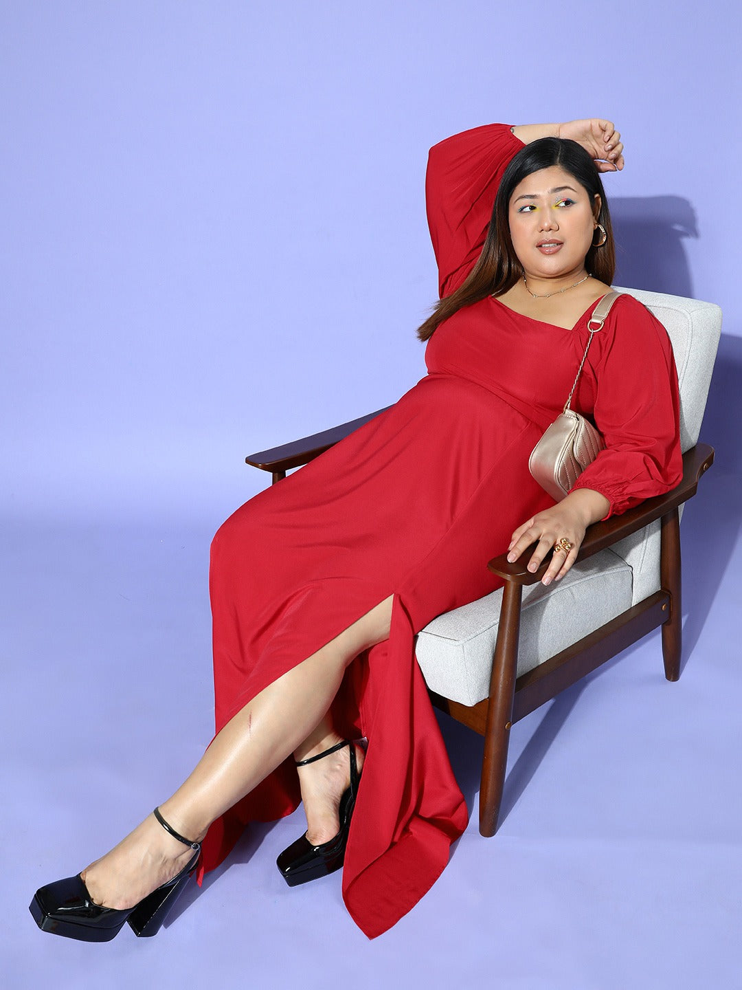 Women Plus Size Solid Red Square Neck Puff Sleeves Crepe Thigh-High Slit Flared Maxi Dress Women Plus Size Solid Red Square Neck Puff Sleeves Crepe Thigh-High Slit Flared Maxi Dress