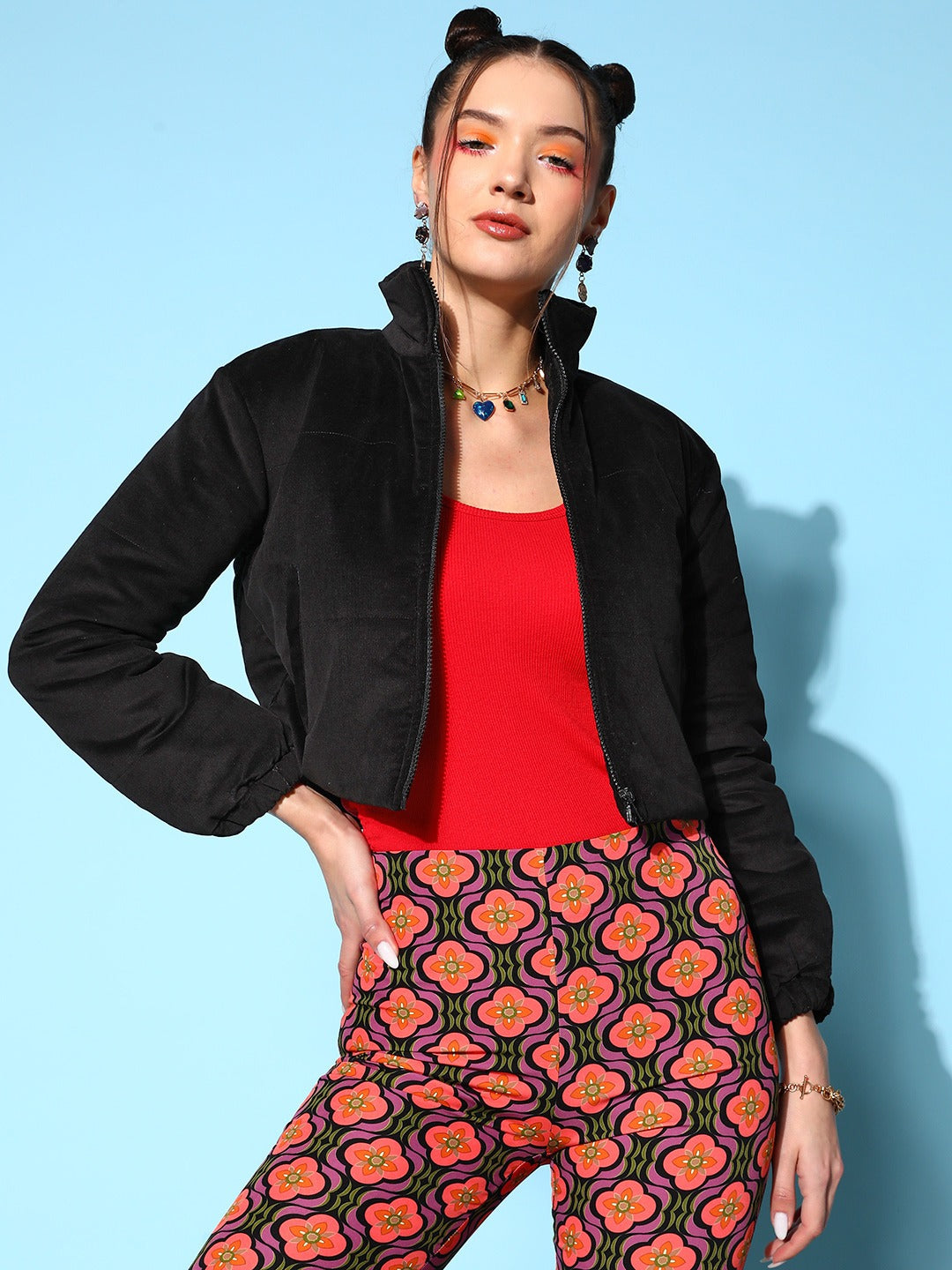 Women Solid Black Stand Collar Neck Zipper-Up Cotton Straight Hem