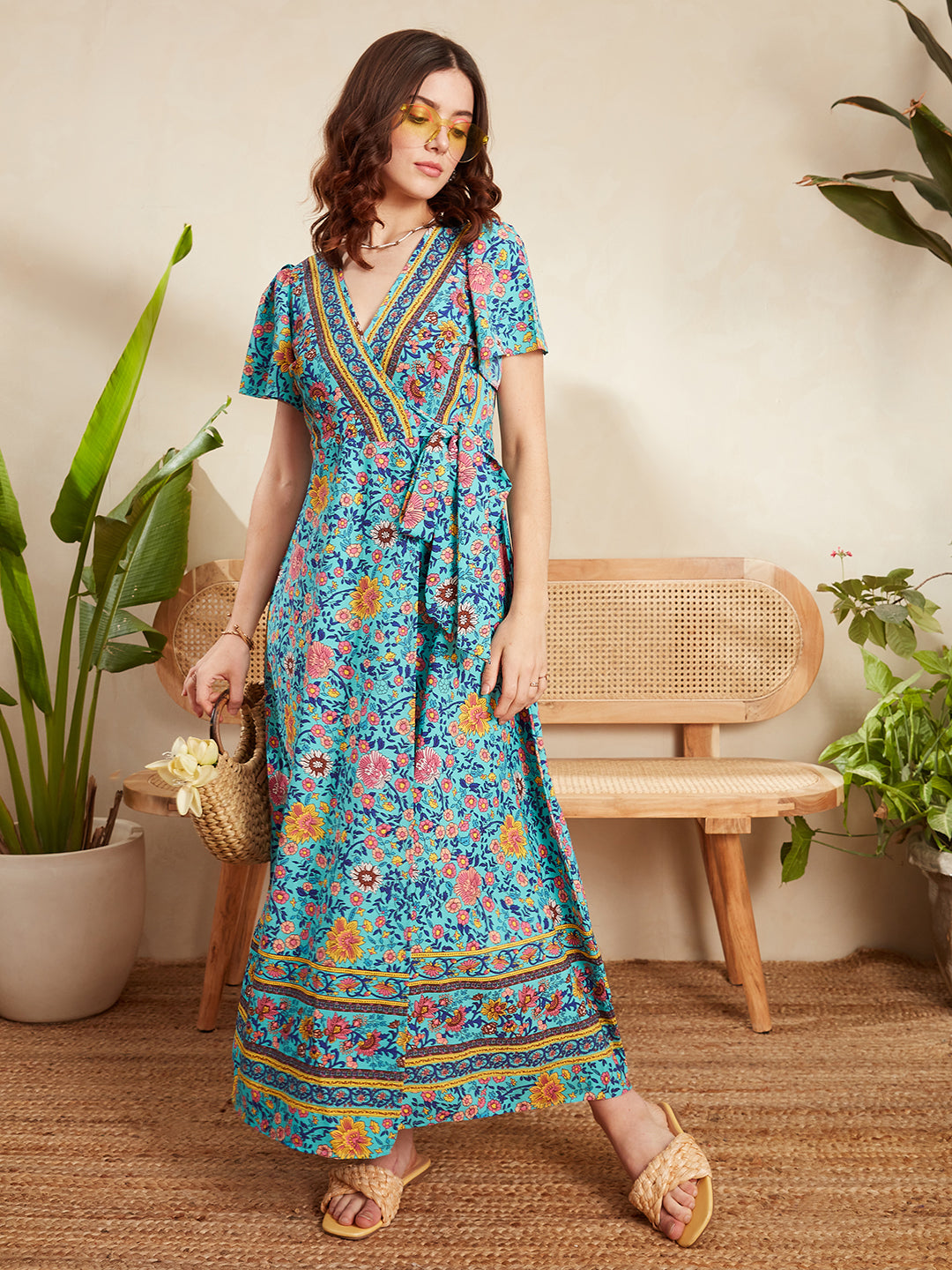 Women Blue Multicolour Floral Printed V-Neck Waist Tie-Up Thigh