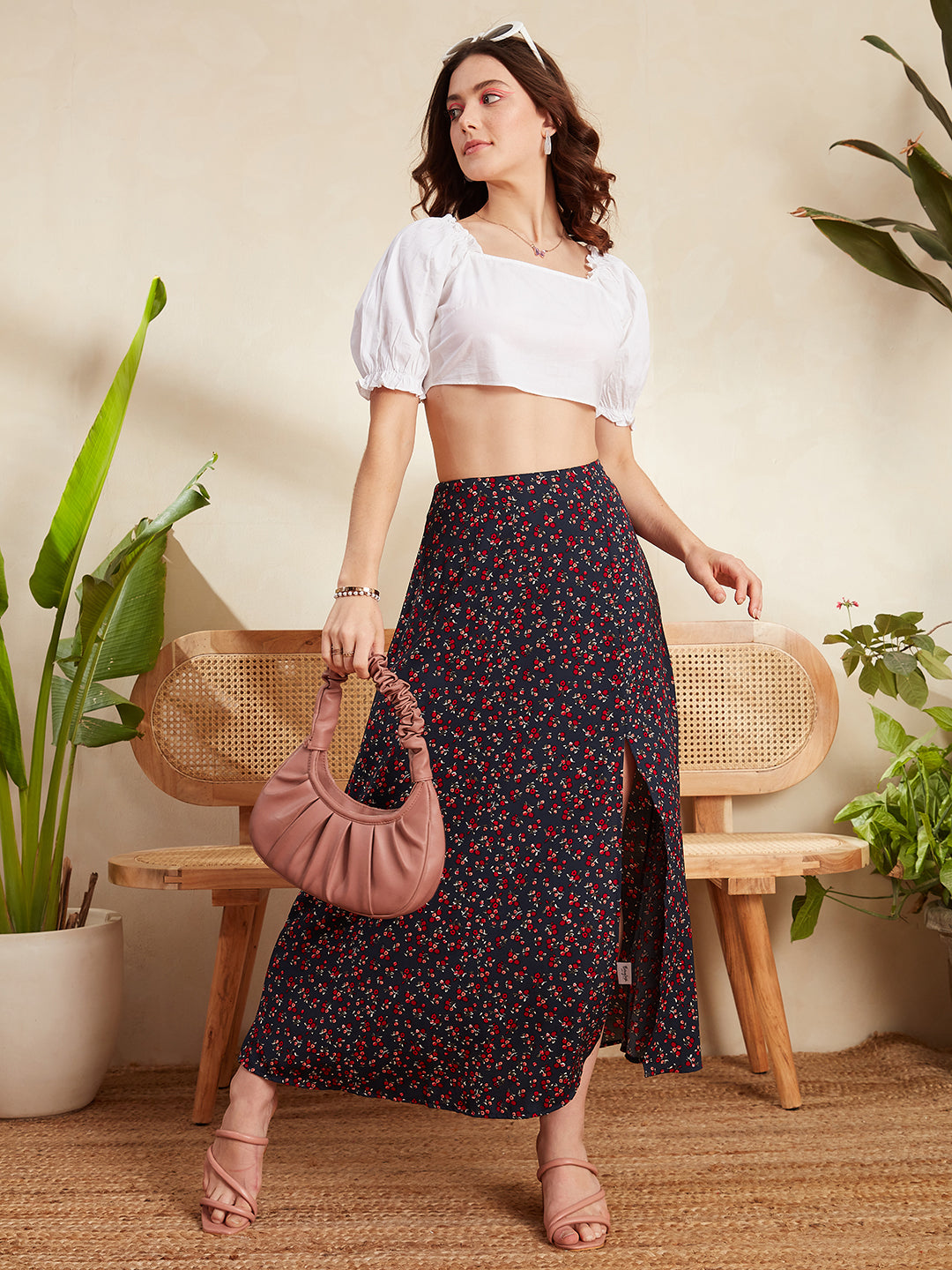Women Navy Blue Red Floral Printed High-Rise Waist Zipper-Up Thigh-High Slit Flared A-Line Maxi Skirt Berrylush