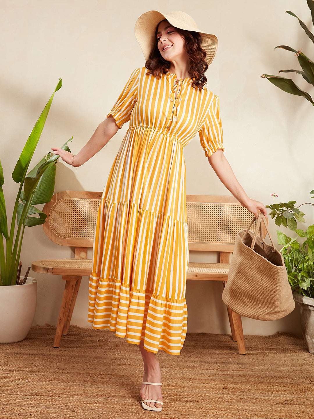 Women Yellow White Vertical Striped Print Tie-Up Neck Flutter