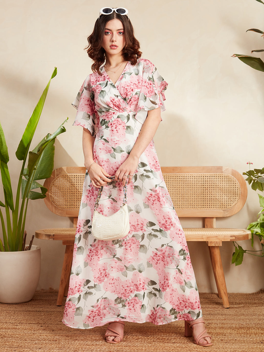 Women White Pink Floral Printed V-Neck Flutter Sleeve Pleated