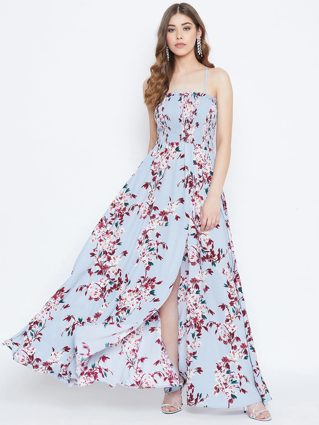 Women Blue Floral Printed Sleeveless Smocked Maxi Dress - Berrylush Women Blue Floral Printed Sleeveless Smocked Maxi Dress - Berrylush