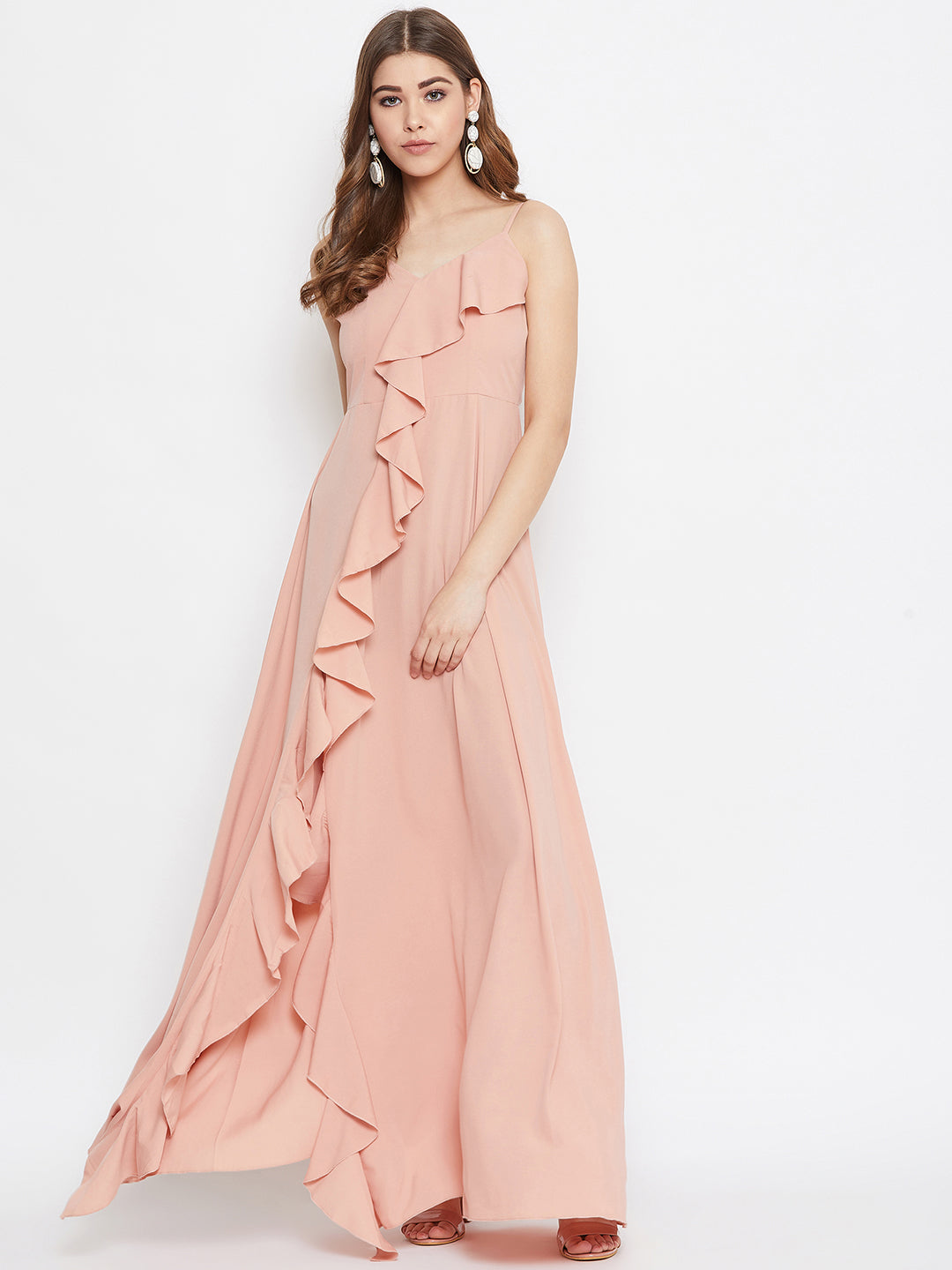 Women Solid Pink V-Neck Front-Slit Ruffled Maxi Dress