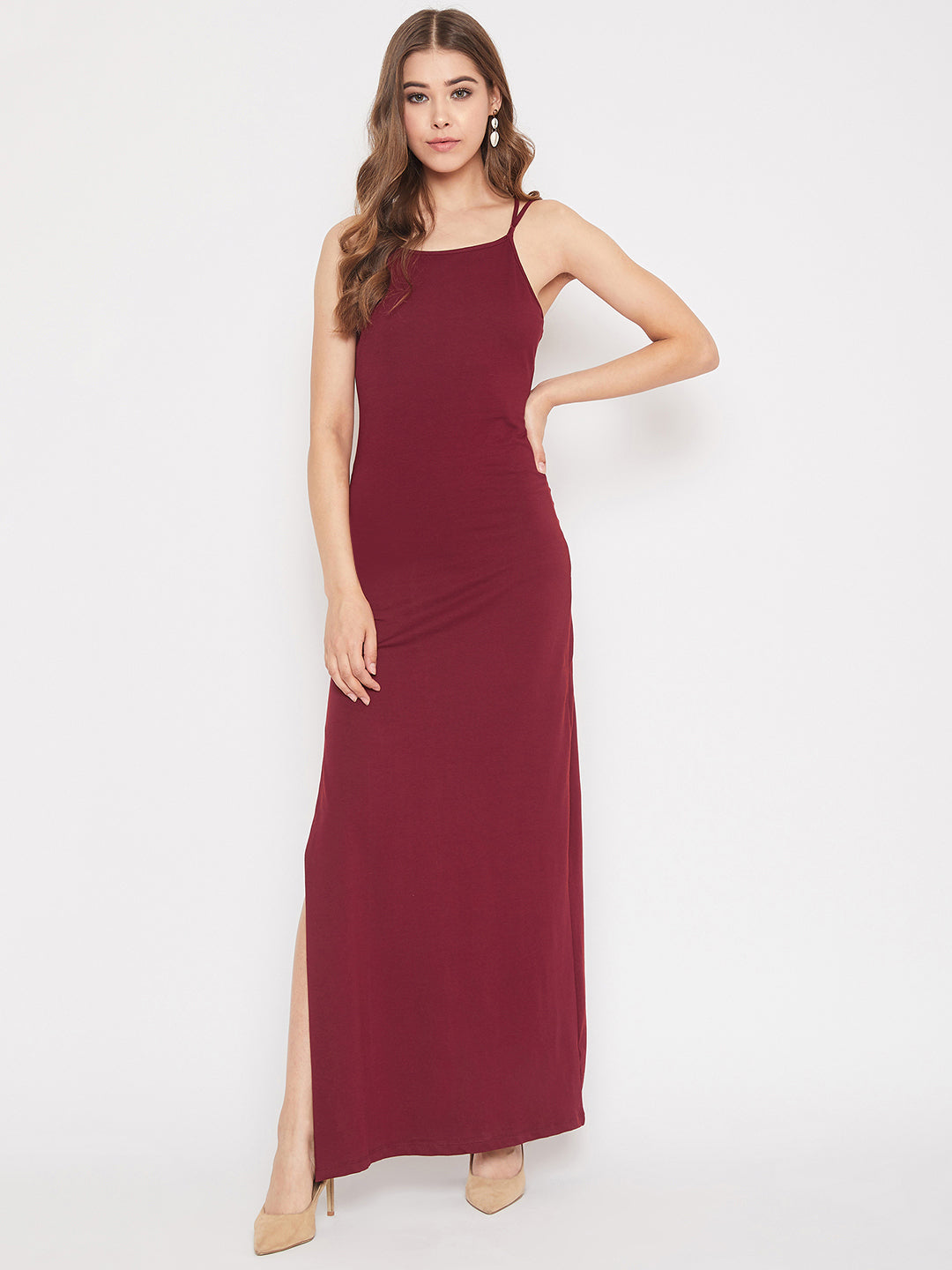 thigh slit maxi dress Berrylush Women Solid Maroon Round-Neck Thigh-High Slit Maxi Dress
