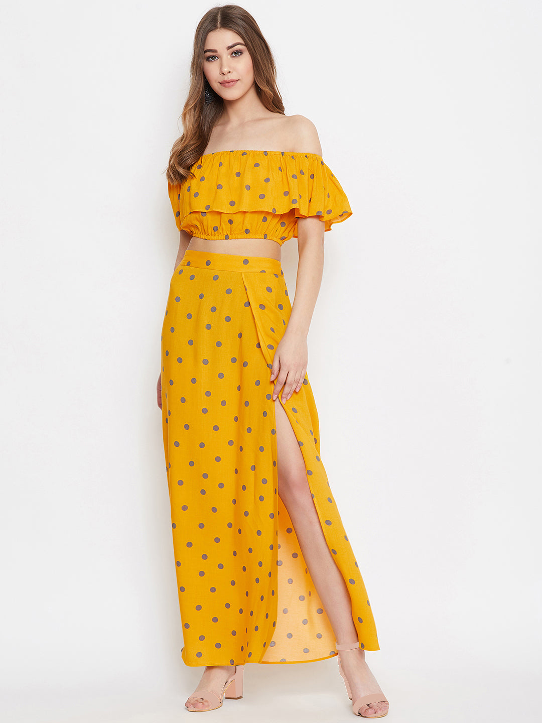 Women Yellow Polka Dot Printed Off-Shoulder Co-Ordinate Maxi Dress - Berrylush Women Yellow Polka Dot Printed Off-Shoulder Co-Ordinate Maxi Dress - Berrylush