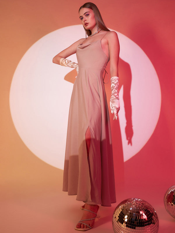 Women Solid Light Pink Cowl Neck Sleeveless Lace-Up Backless Thigh-High Slit Flared Maxi Dress Berrylush