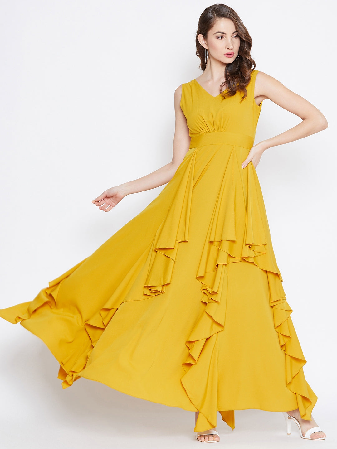 Berrylush Women Solid Mustard Yellow V-Neck Open-Back Flared Maxi Dres