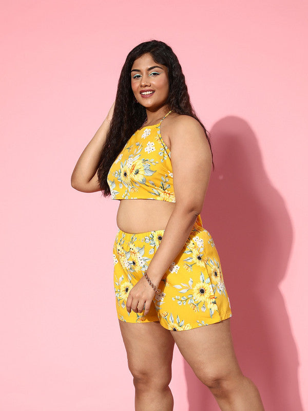 Women Plus Size Yellow White Floral Printed Halter Neck Back Tie