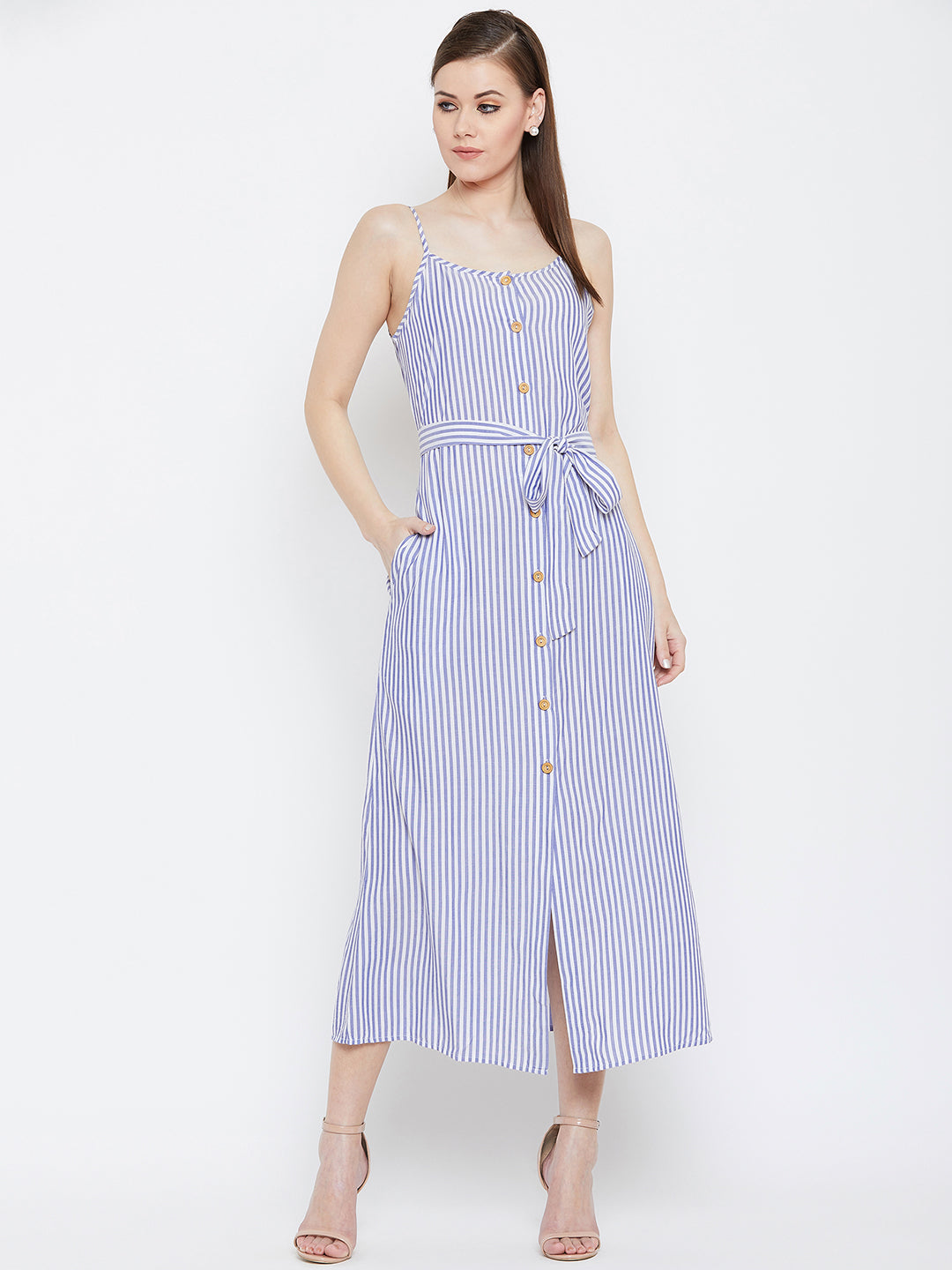 Berrylush Women Blue White Striped Patterned Round Neck A-Line Waist