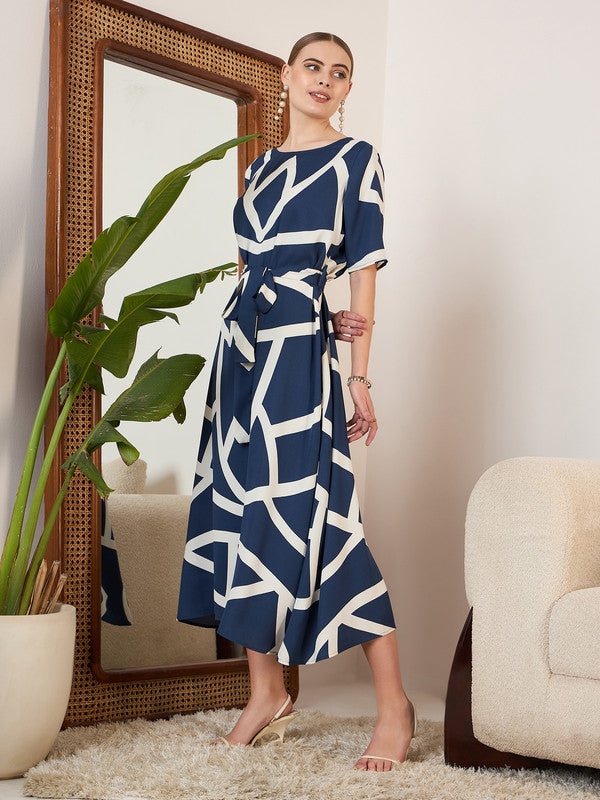 Women Navy Blue White Geometric Printed Round Neck Crepe Waist Tie-Up  Flared Midi Dress Berrylush