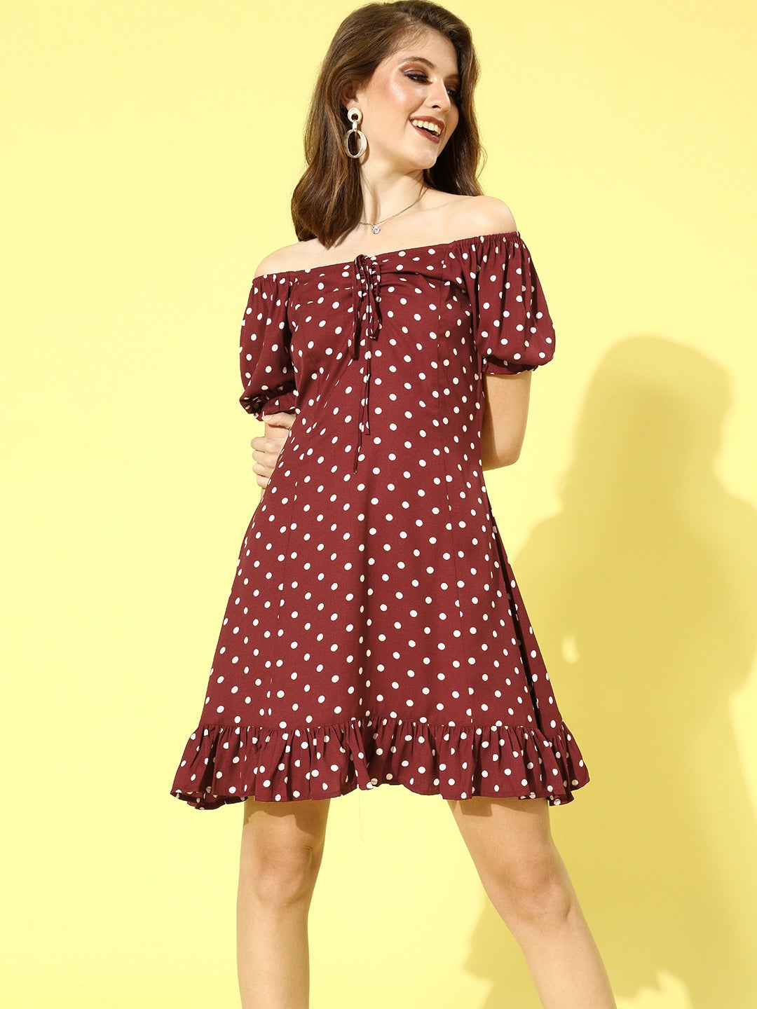 Berrylush Women Red Polka Dot Print Off-Shoulder A-Line Mini Dress Berrylush Women Red Polka Dot Print Off-Shoulder A-Line Mini Dress
