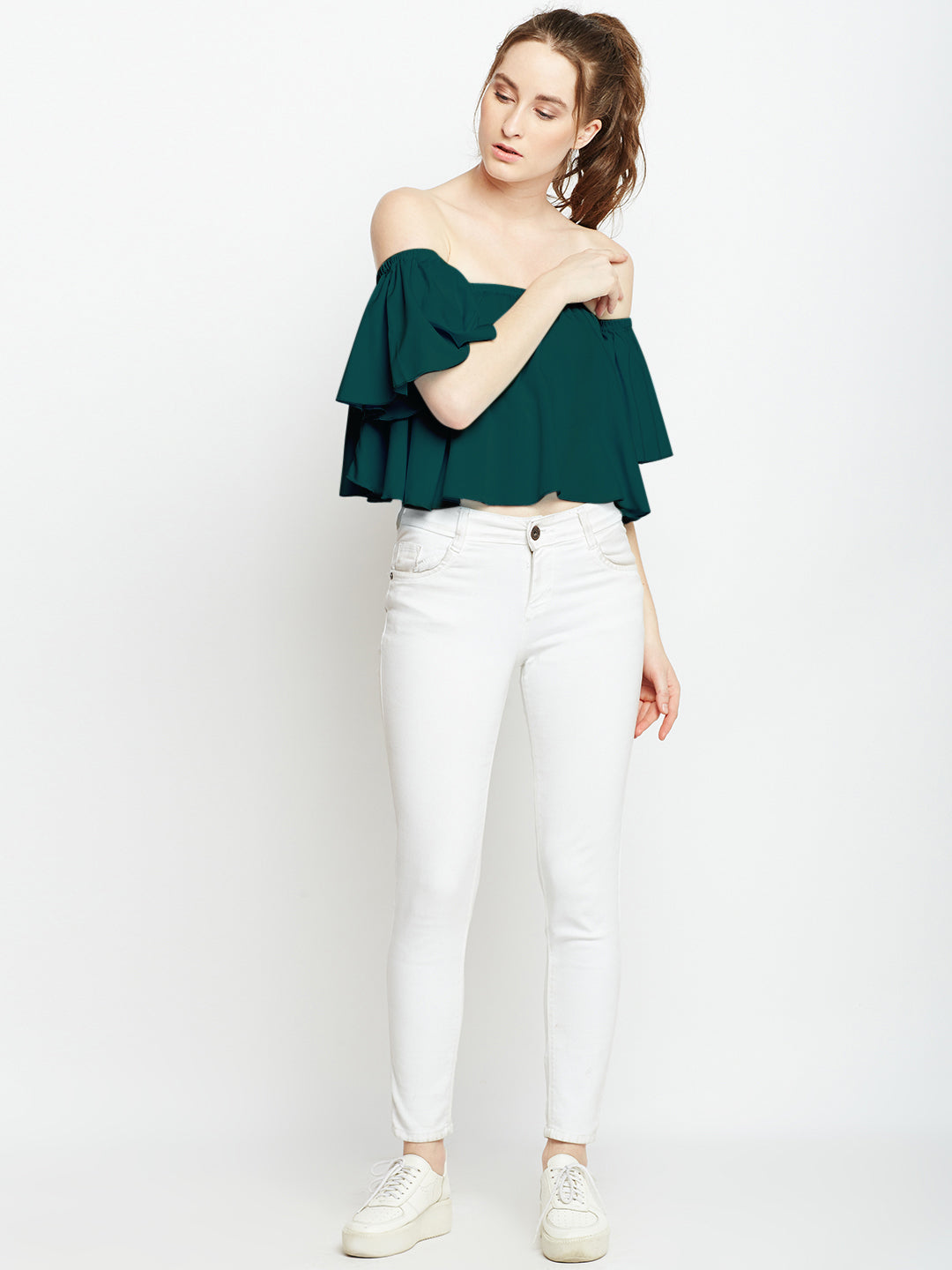 Green Solid Bardot Top - Berrylush