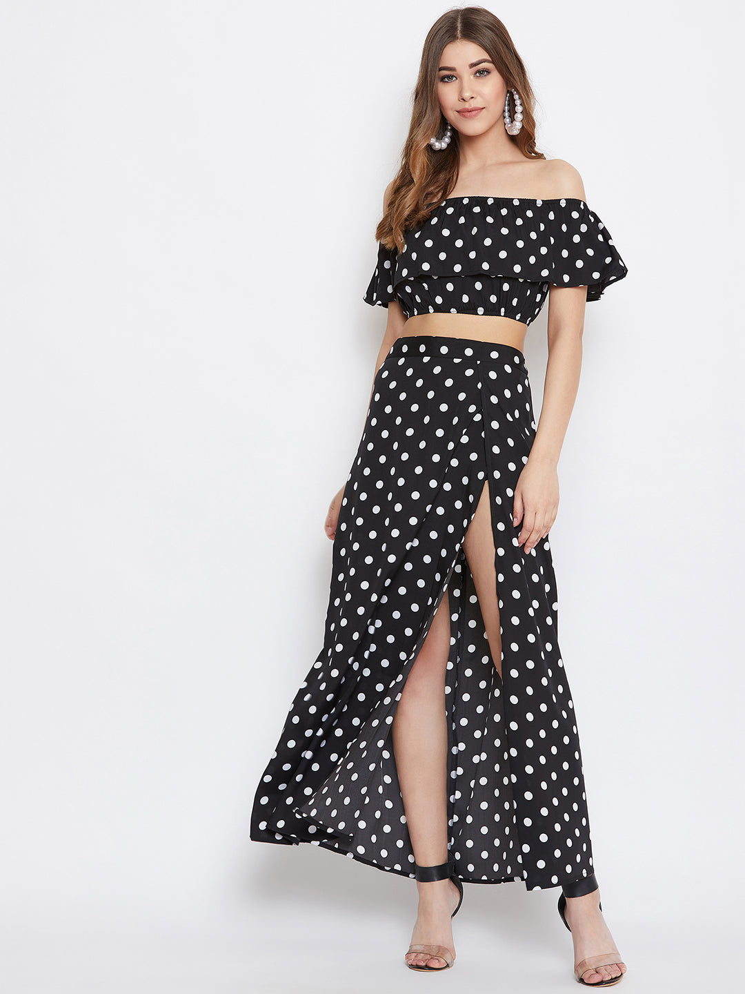 Women Black White Polka Dot Printed Off-Shoulder Co-Ordinate
