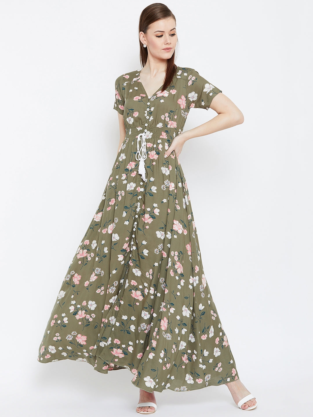 Berrylush Women Olive Green & White Floral Printed V-Neck Front Button Berrylush Women Olive Green & White Floral Printed V-Neck Front Button