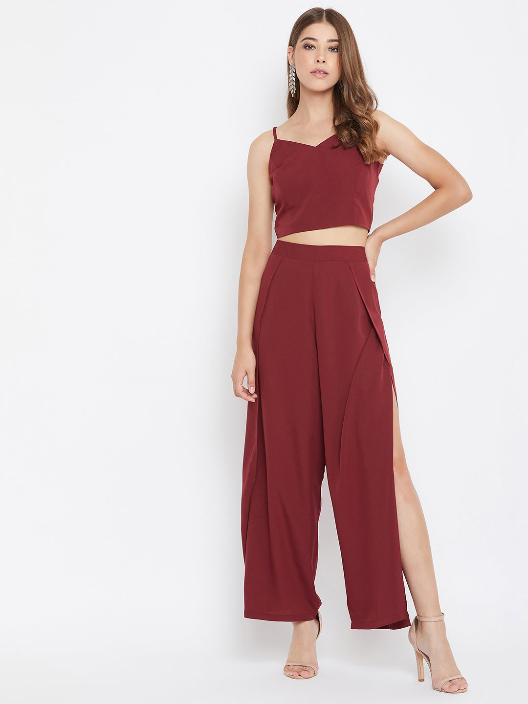 Women Solid Maroon V-Neck Crop Top and Trousers Set Berrylush