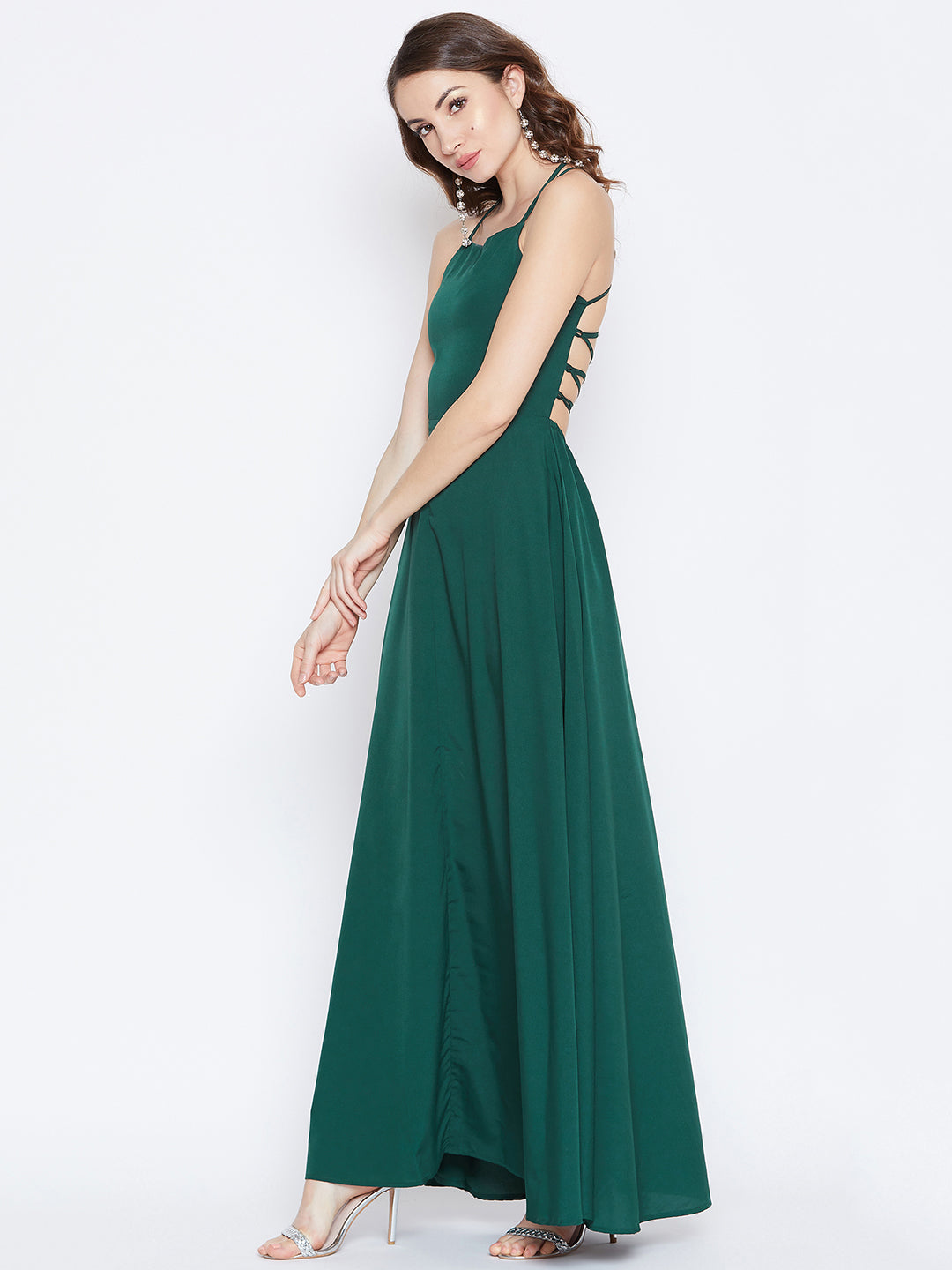 Berrylush Women Solid Green Caged Back Halter Neck Maxi Dress Berrylush Women Solid Green Caged Back Halter Neck Maxi Dress