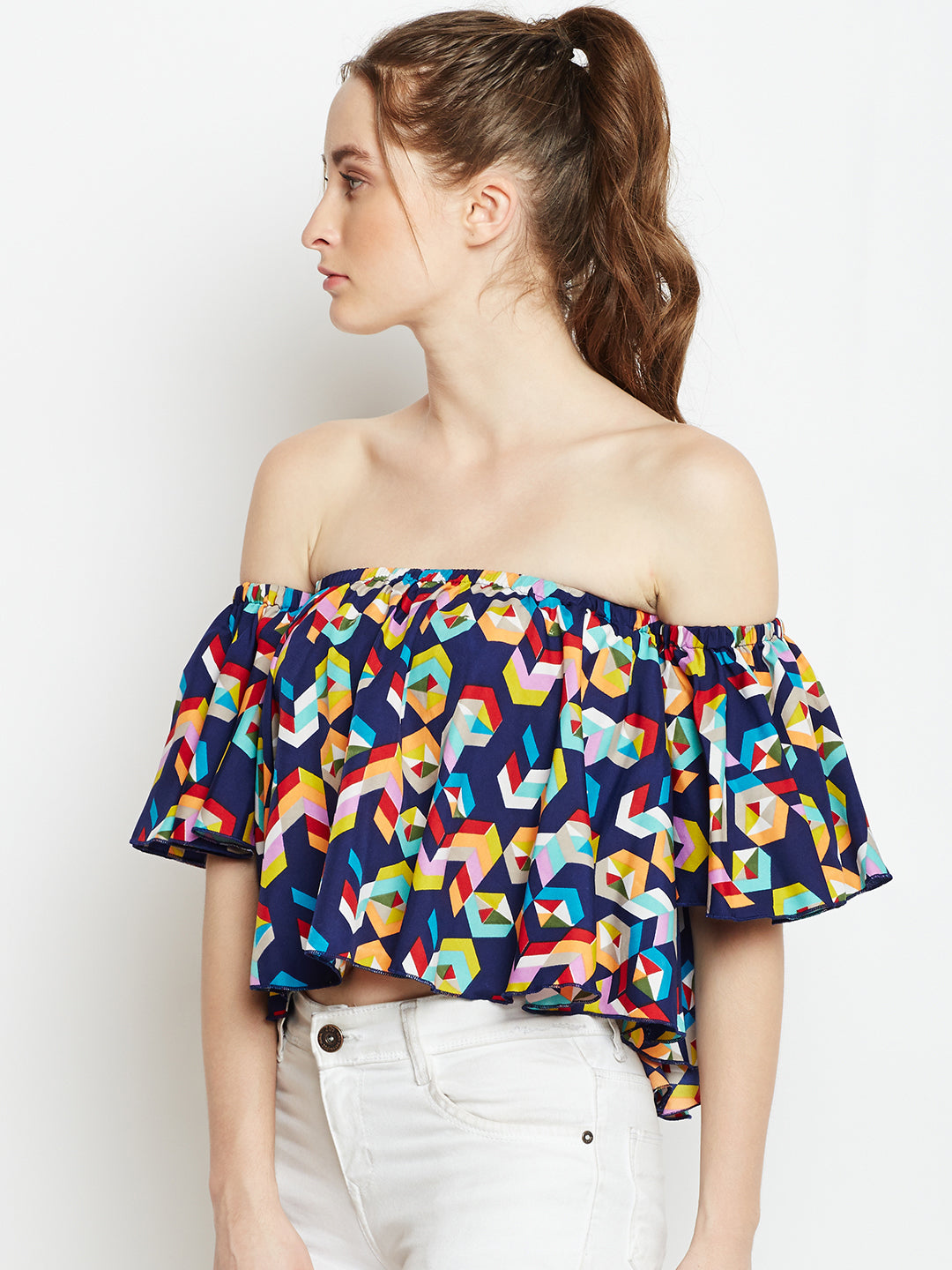 Navy Blue Printed Bardot Top - Berrylush