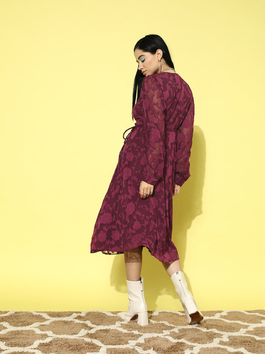 Bloom-Sleeve Jacquard Dress / wine berry