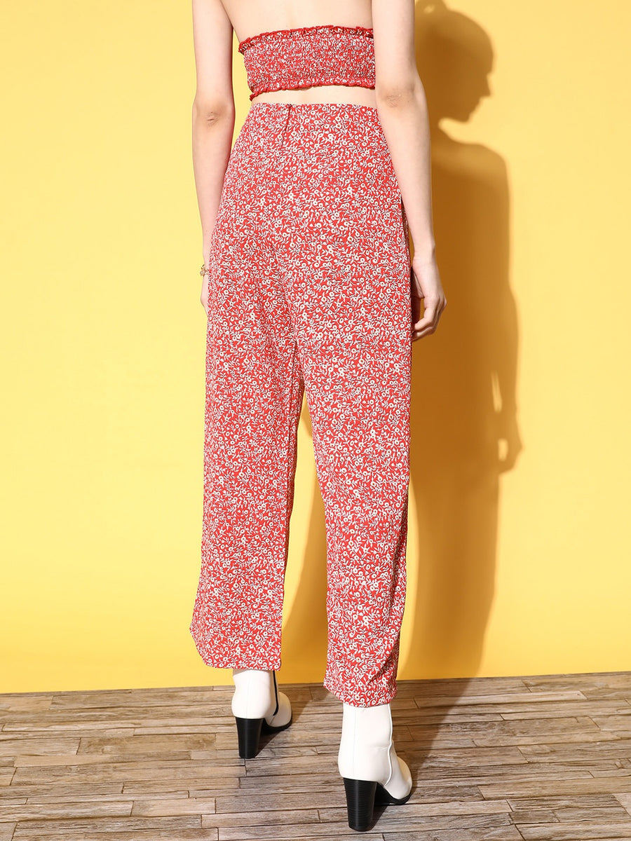 Women Red White Floral Printed Loose Fit High-Rise Waist Relaxed