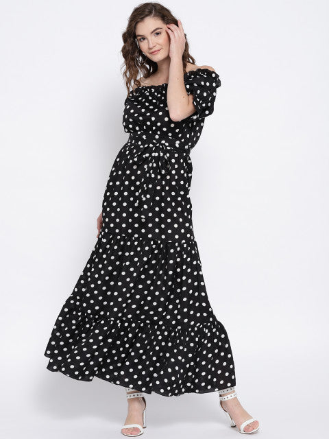 Berrylush Women Black & White Polka Dot Printed Off-Shoulder Waist Tie Berrylush Women Black & White Polka Dot Printed Off-Shoulder Waist Tie