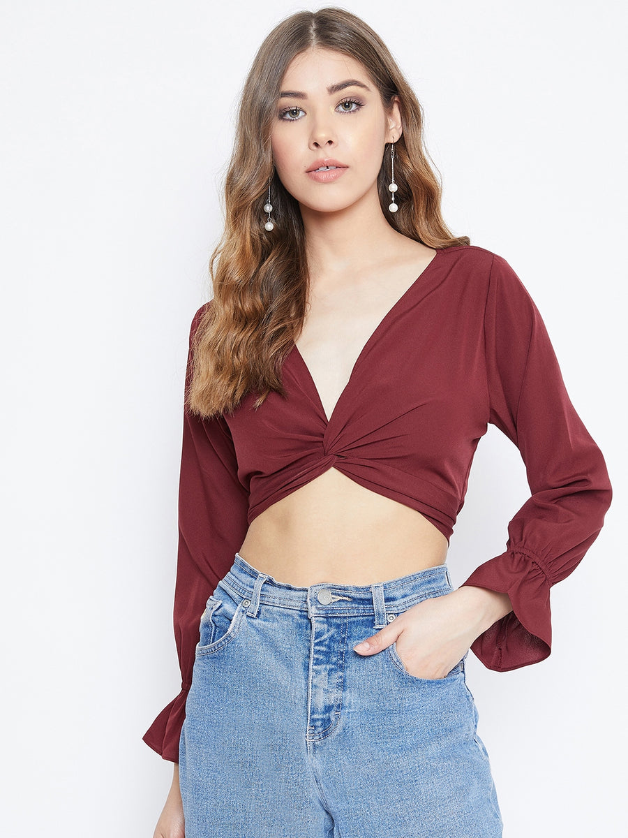 Berrylush Women Solid Maroon Front Twisted Knot V-Neck Crop Top