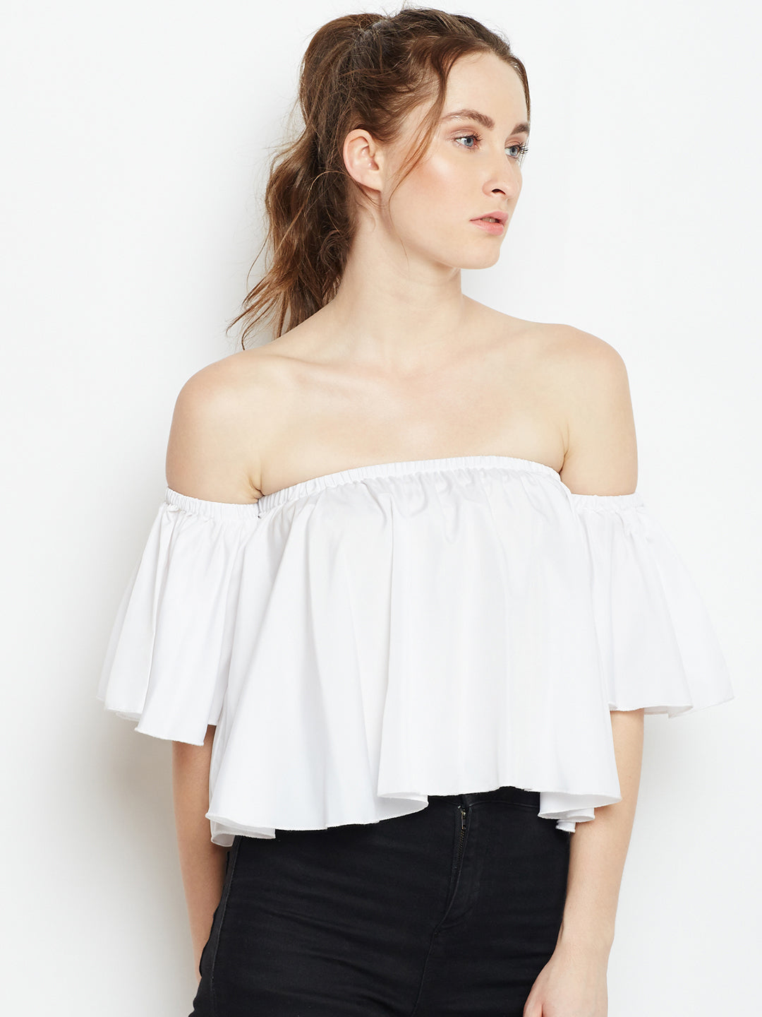Berrylush Women Solid White Off-Shoulder Neck Crepe Ruffled Bardot Cro