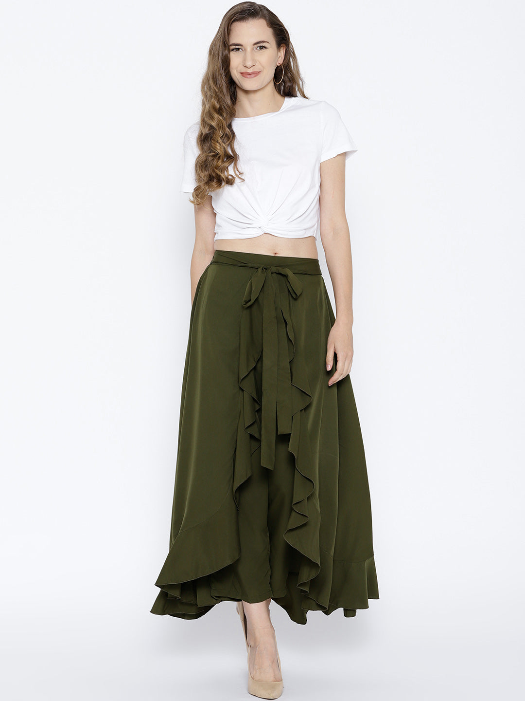 Olive Green Solid Ruffled Flared Maxi Skirt with Attached Trousers - Berrylush