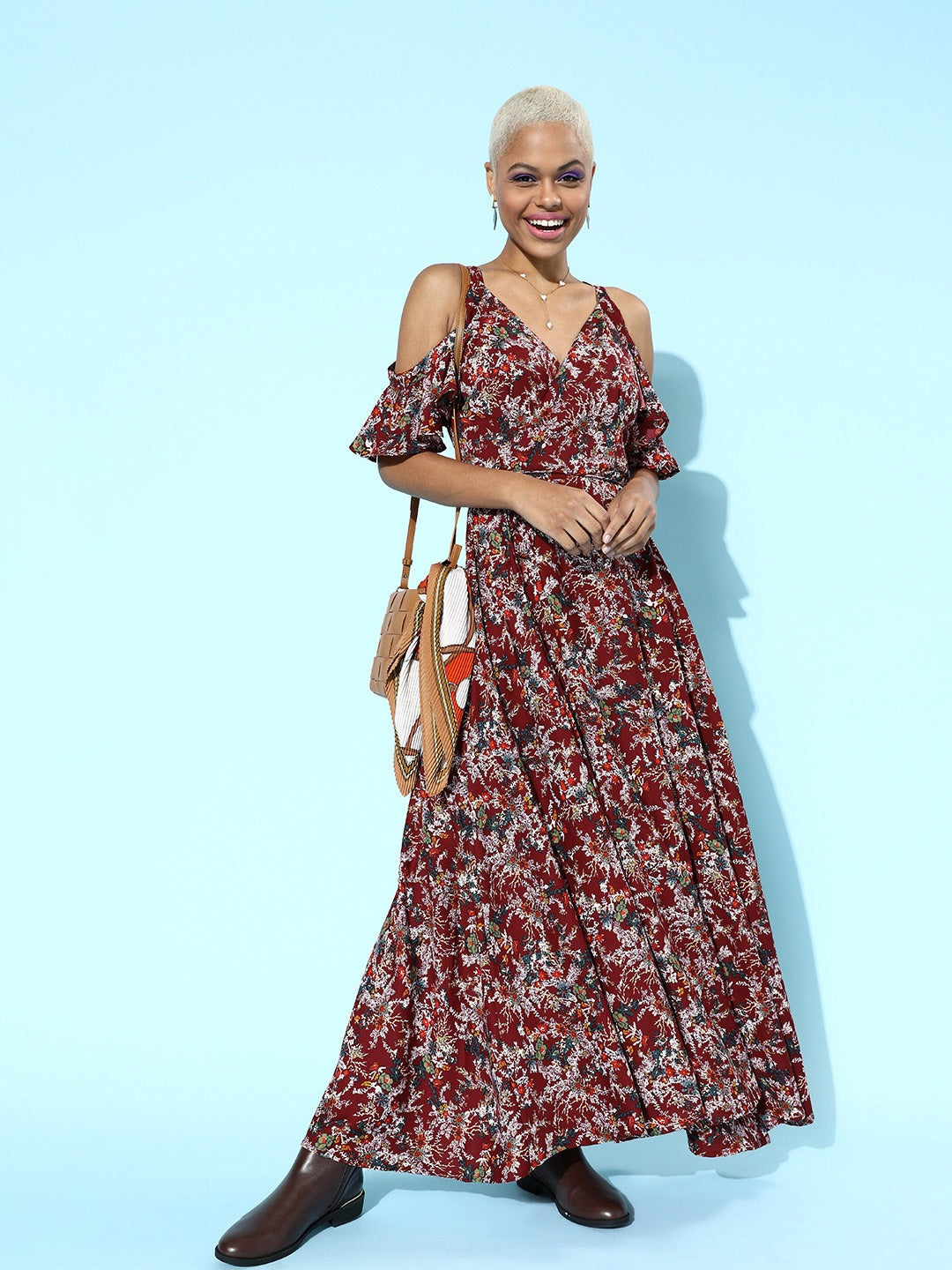 Berrylush Women Maroon & White Floral Printed V-Neck Cold-Shoulder Waist Tie-Up Flared Maxi Dress