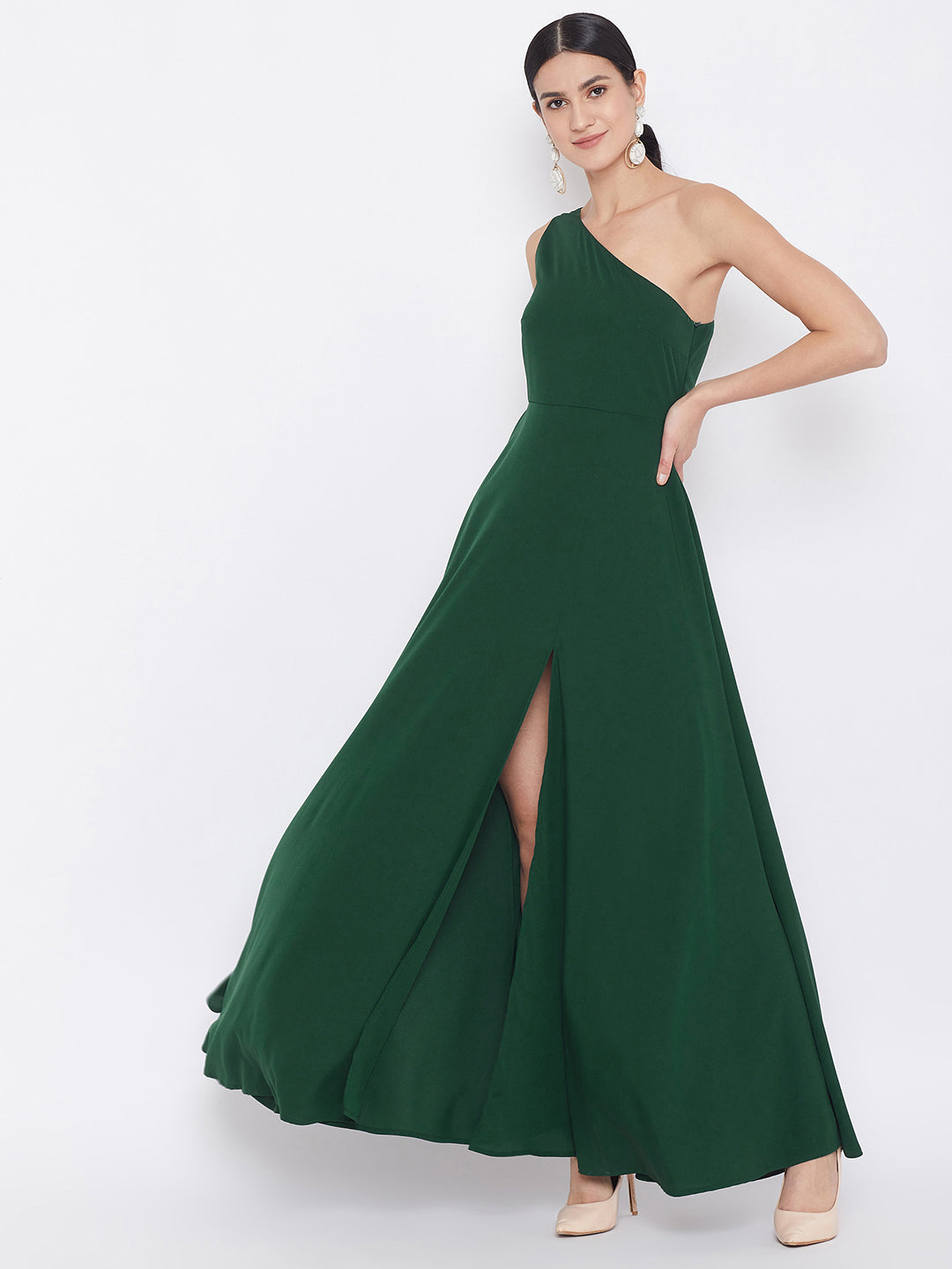 Women Solid Dark Green One-Shoulder A-Line Maxi Dress