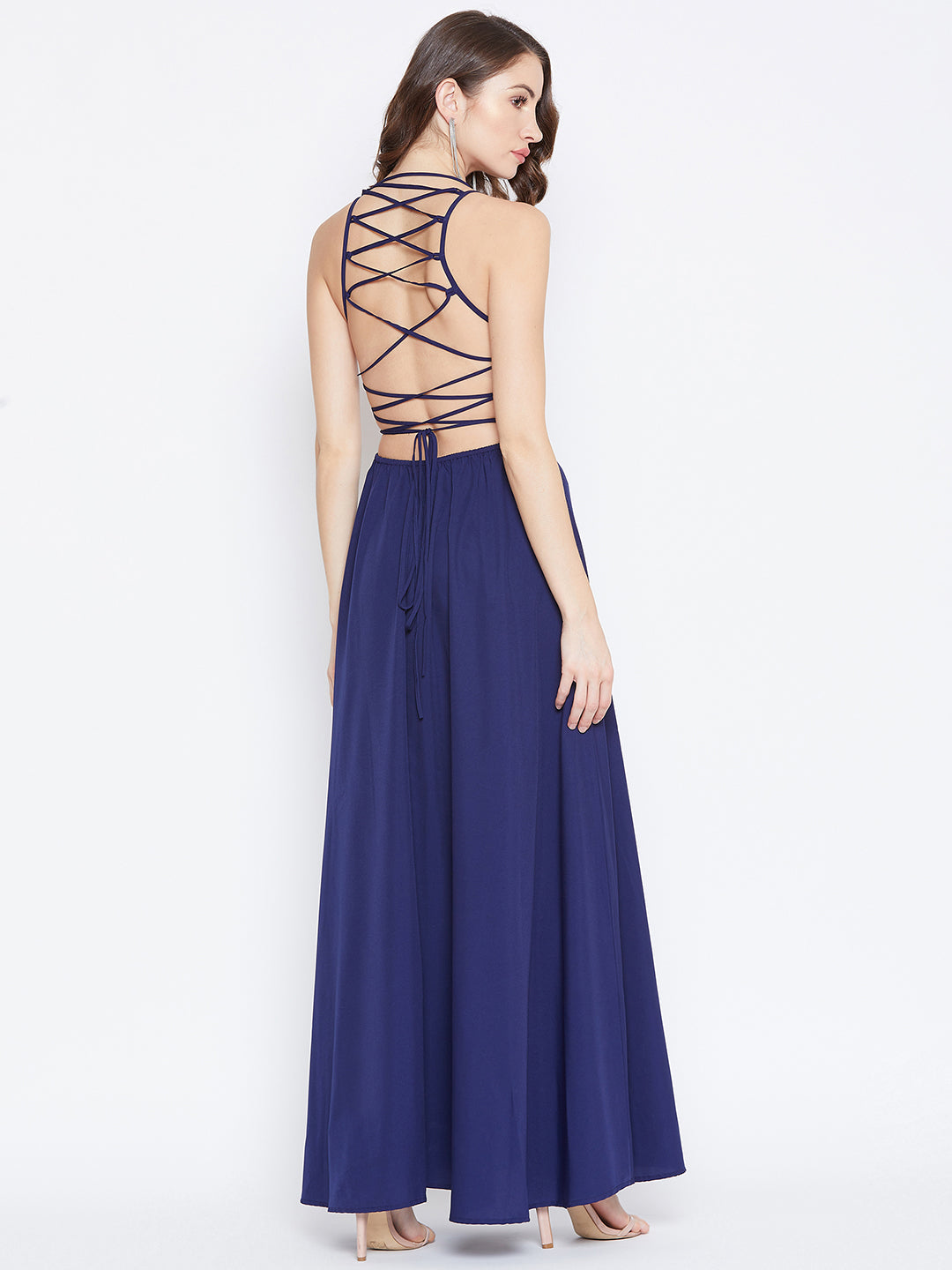 Berrylush Women Solid Navy Blue Halter Neck Caged Back Flared Maxi Dre