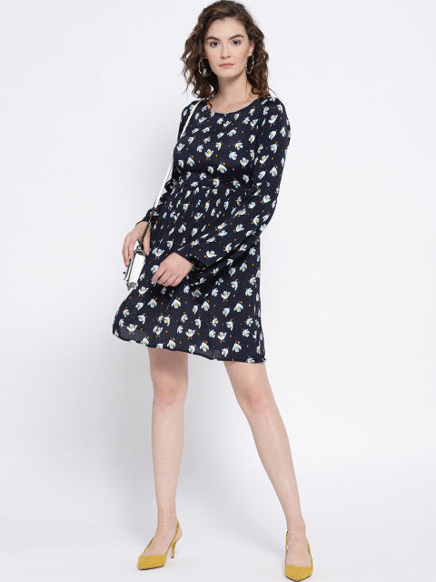 Navy Blue Printed Fit and Flare Dress - Berrylush