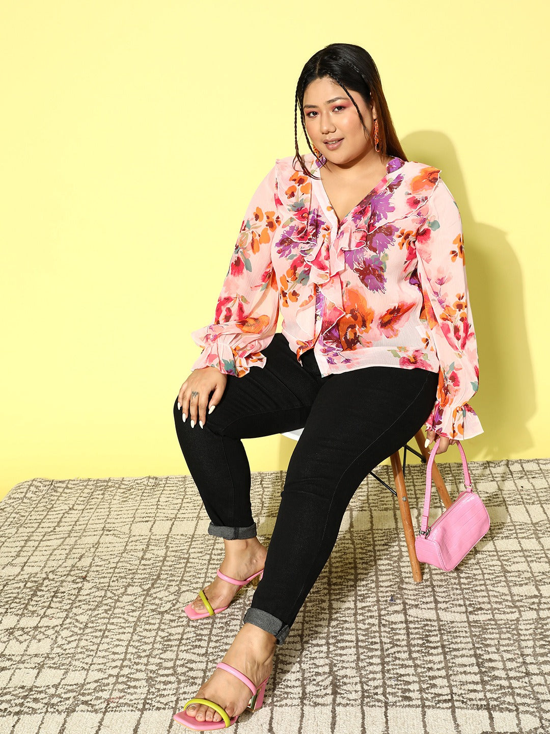 Berrylush Women Plus Size Pink Floral Printed V-Neck Button-Up Chiffon Ruffled Regular Top