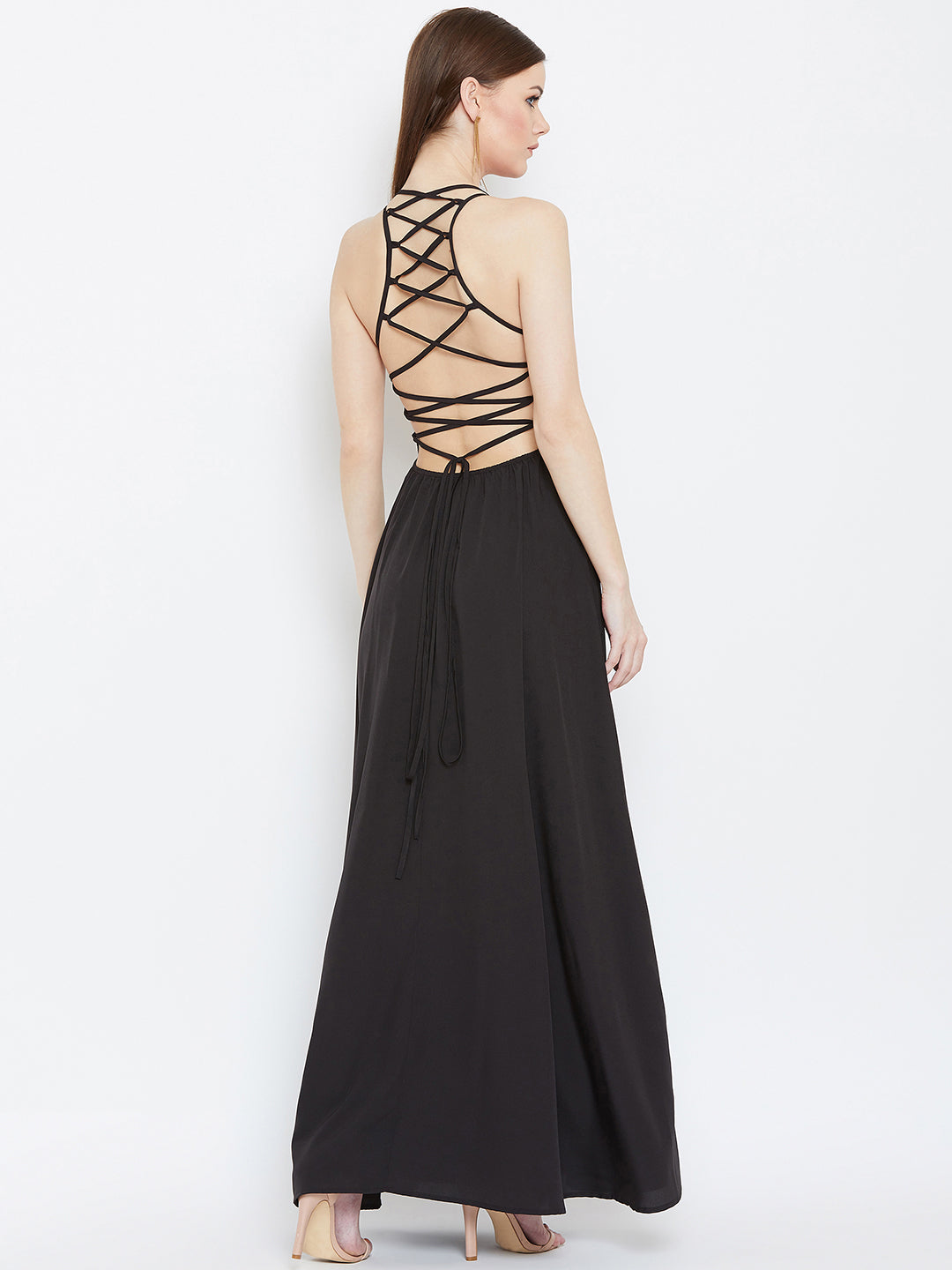 black flared maxi dress Berrylush Women Solid Black Square Neck Caged Back Tie-Up Flared Maxi