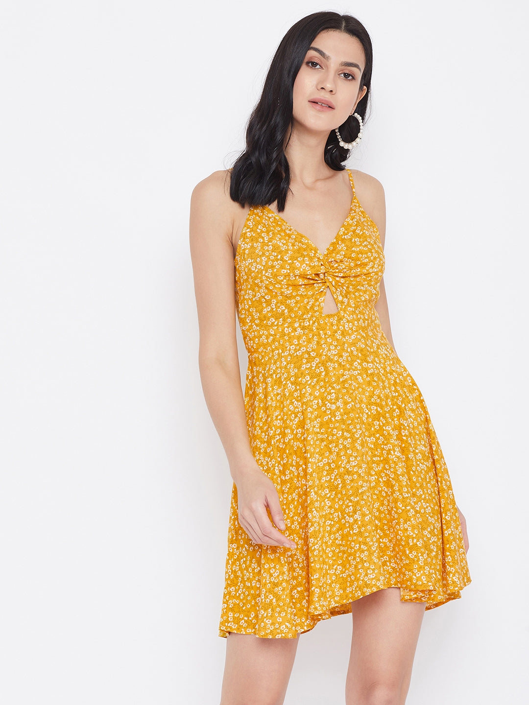 Berrylush Women Yellow Floral Printed Twist Knot Fit Flare Mini Dres