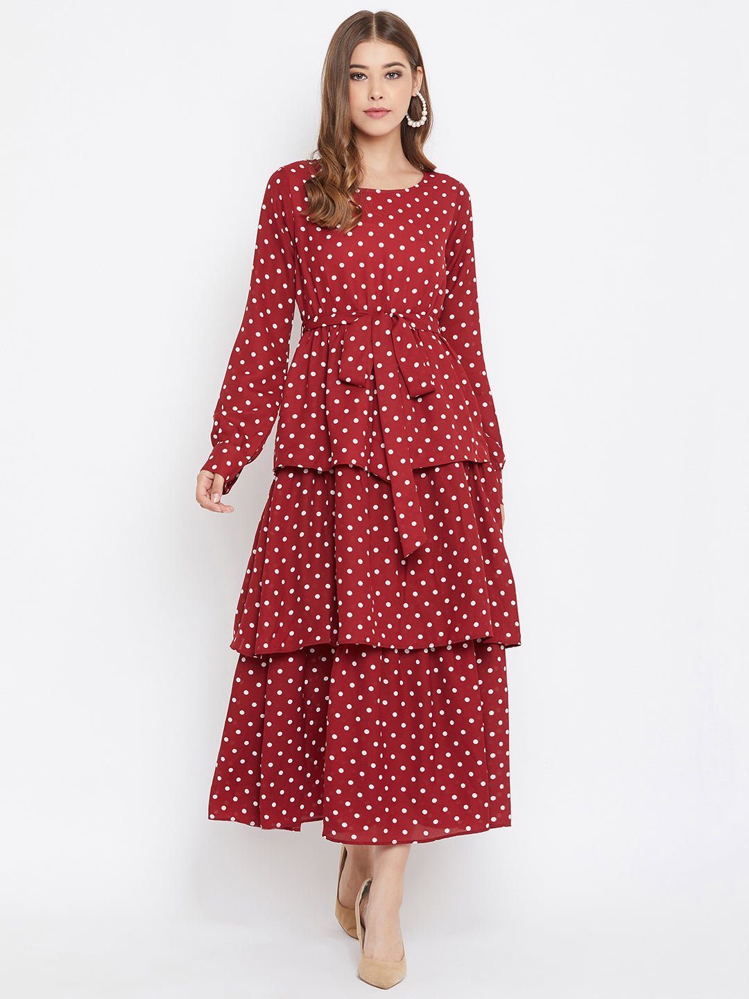 Berrylush Women Red Polka Dot Printed Round-Neck Tiered Fit Flare Ma