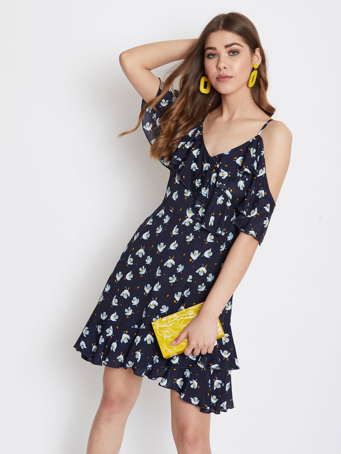 Berrylush Women Navy Blue & Beige Floral Printed V-Neck Ruffled Fit & Flare Mini Dress