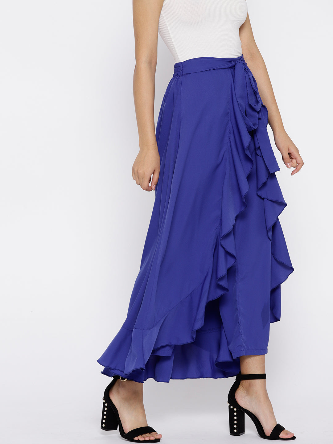 Blue Solid Ruffled Flared Maxi Skirt with Attached Trousers - Berrylush