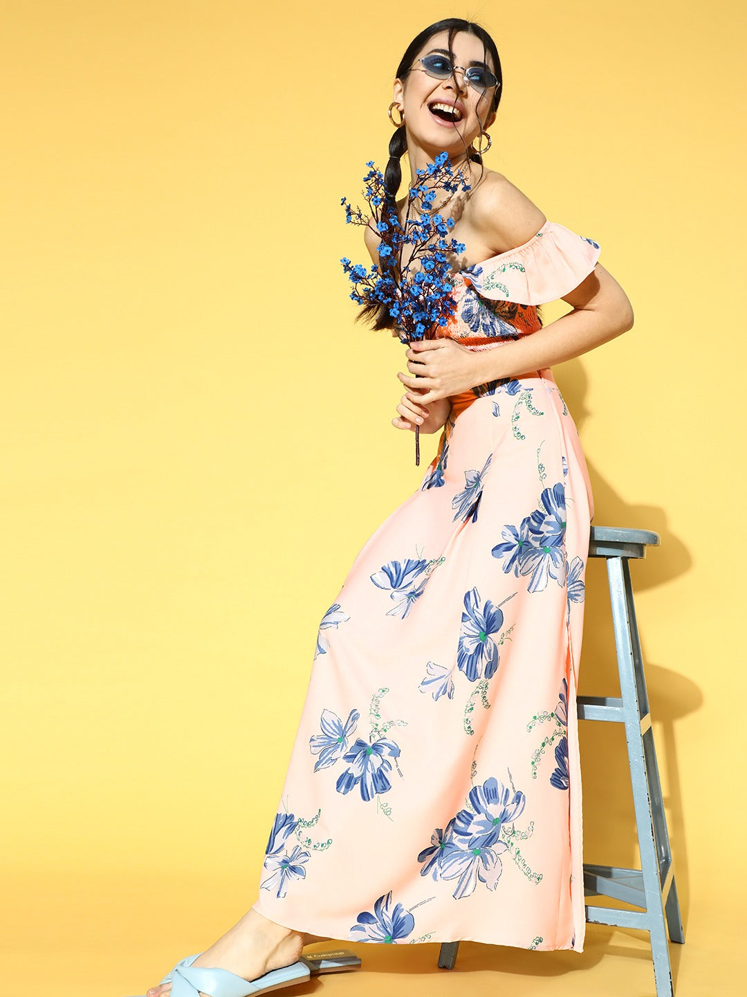 Berrylush Women Pink & Blue Floral Printed Square Neck Crepe Smocked Co-Ordinate Maxi Dress