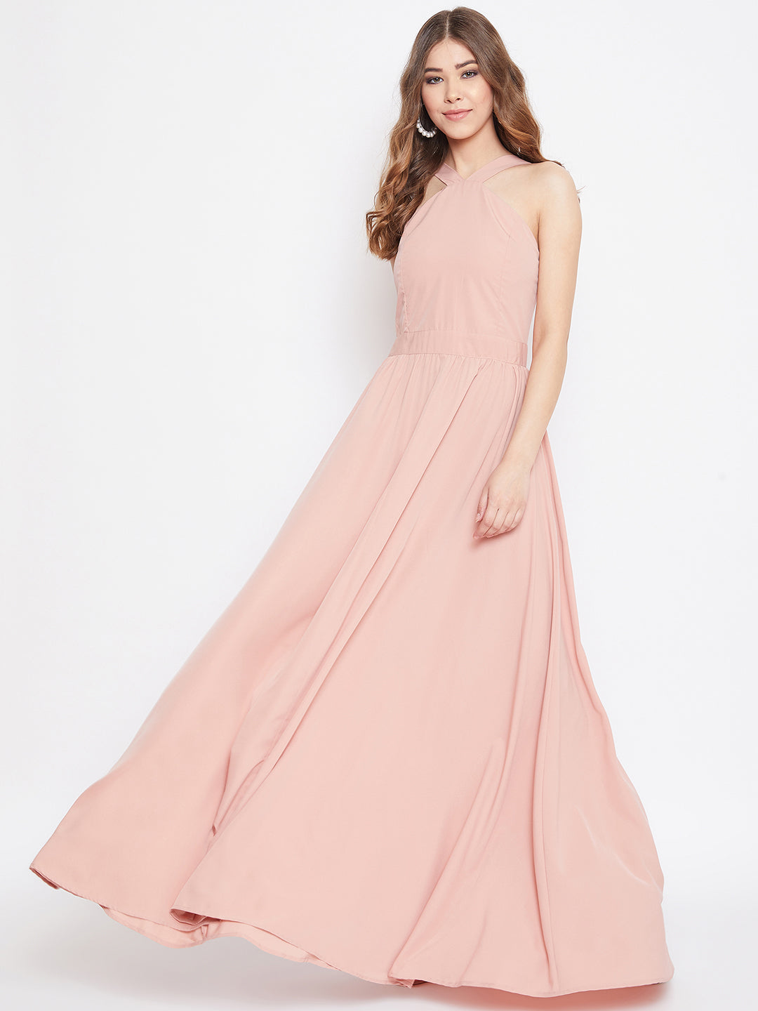 Berrylush Women Solid Pink Blush Halter Neck Flared Maxi Dress Berrylush Women Solid Pink Blush Halter Neck Flared Maxi Dress