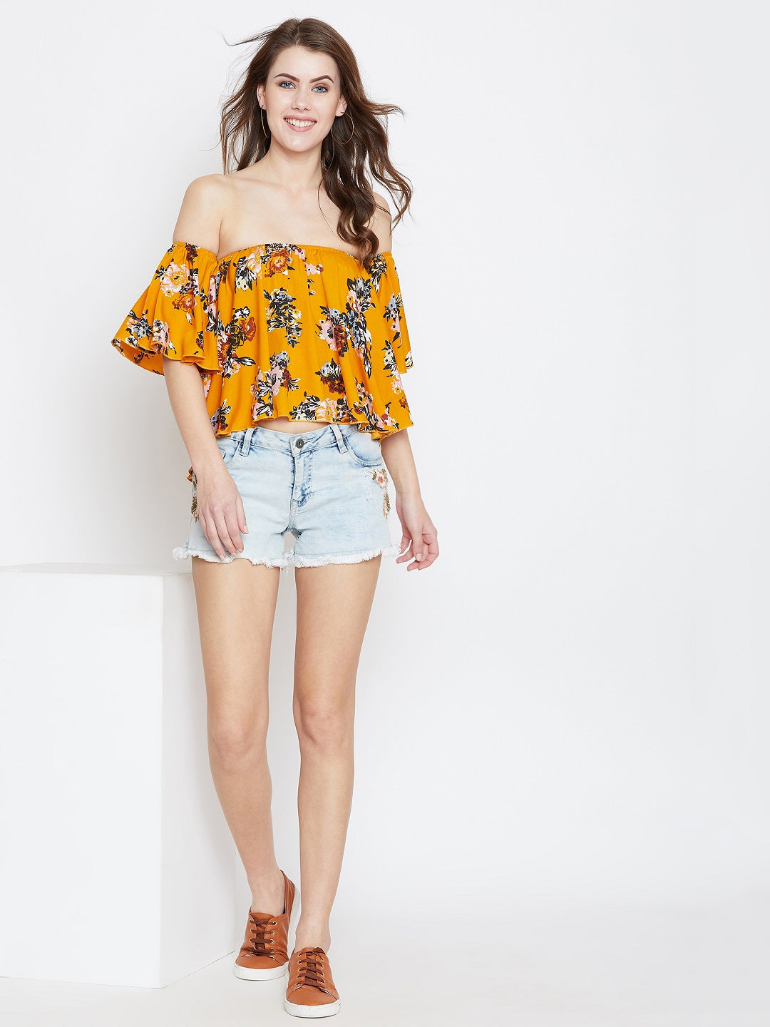 Mustard Printed Bardot Top - Berrylush