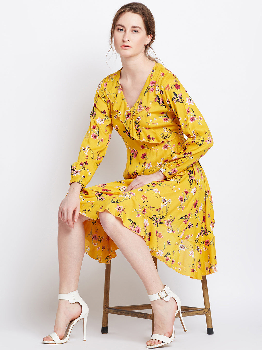 Yellow Printed Fit and Flare Dress - Berrylush