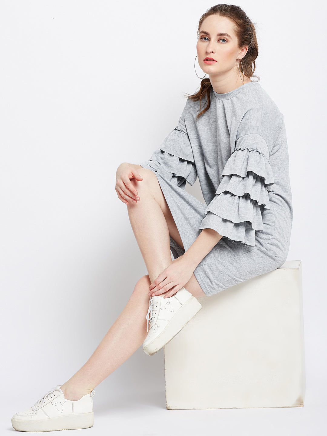 Berrylush Women Solid Grey Round Neck Three-Quarter Sleeve Cotton Fit & Flare Mini Dress