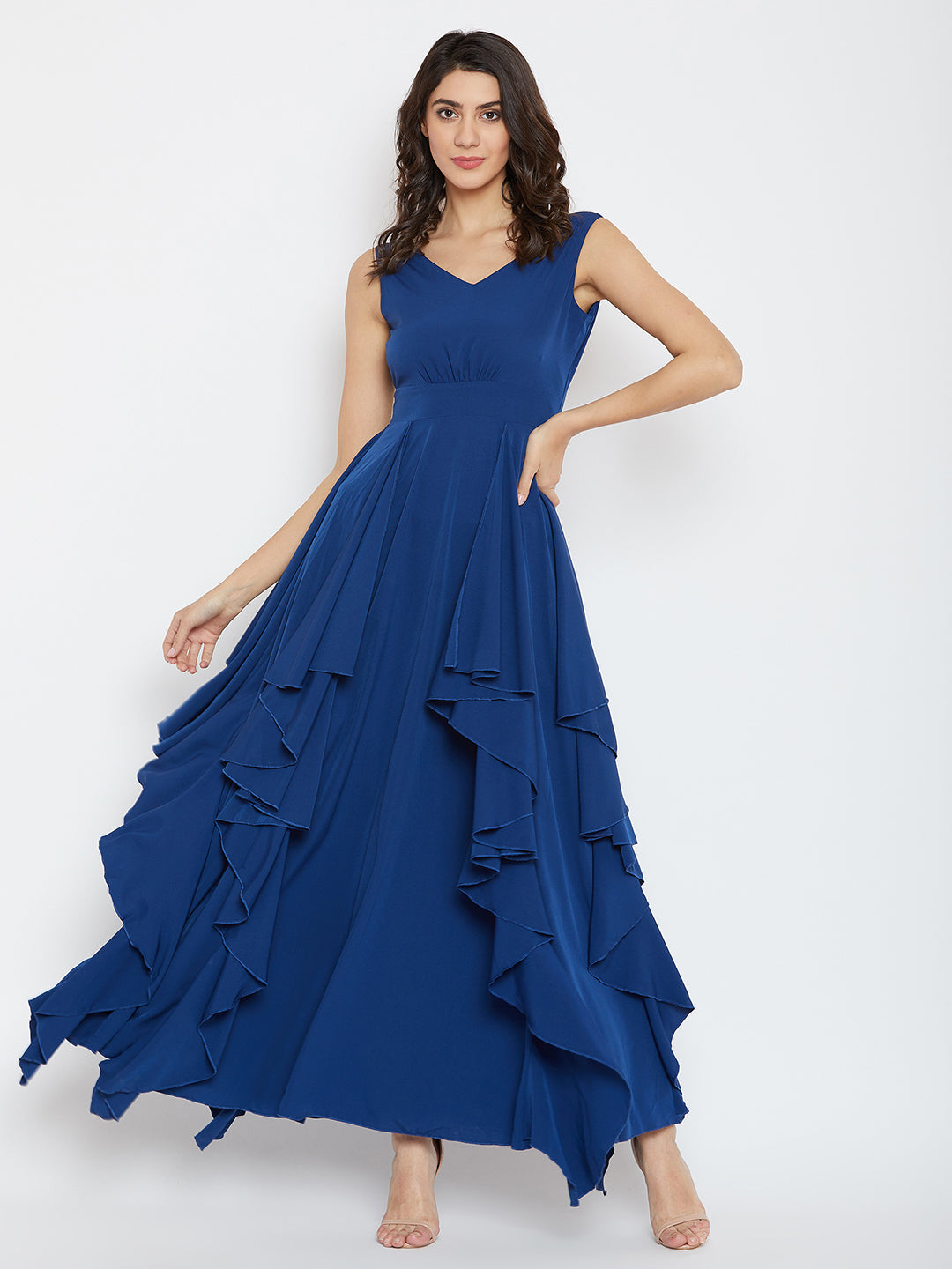 Berrylush Women Solid Blue V-Neck Sleeveless Open-Back Ruffled Maxi Dr Berrylush Women Solid Blue V-Neck Sleeveless Open-Back Ruffled Maxi Dr