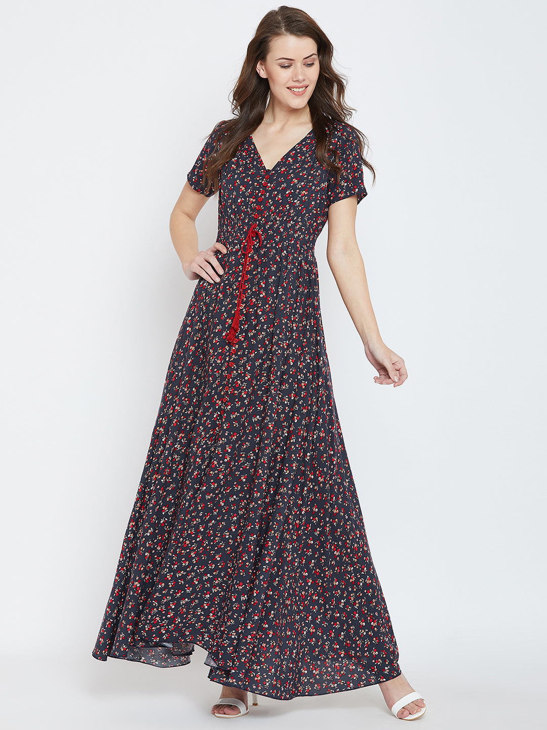 Berrylush Women Navy Blue & Red Floral Printed V-Neck Button Tie-Up Fl