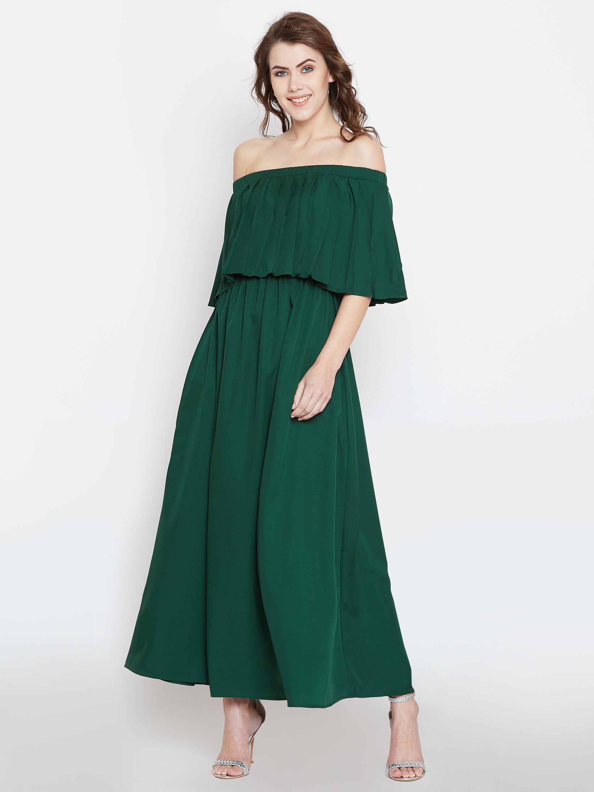 Berrylush Women Solid Green Off-Shoulder Neck Flared Sleeve Pleated Ma Berrylush Women Solid Green Off-Shoulder Neck Flared Sleeve Pleated Ma