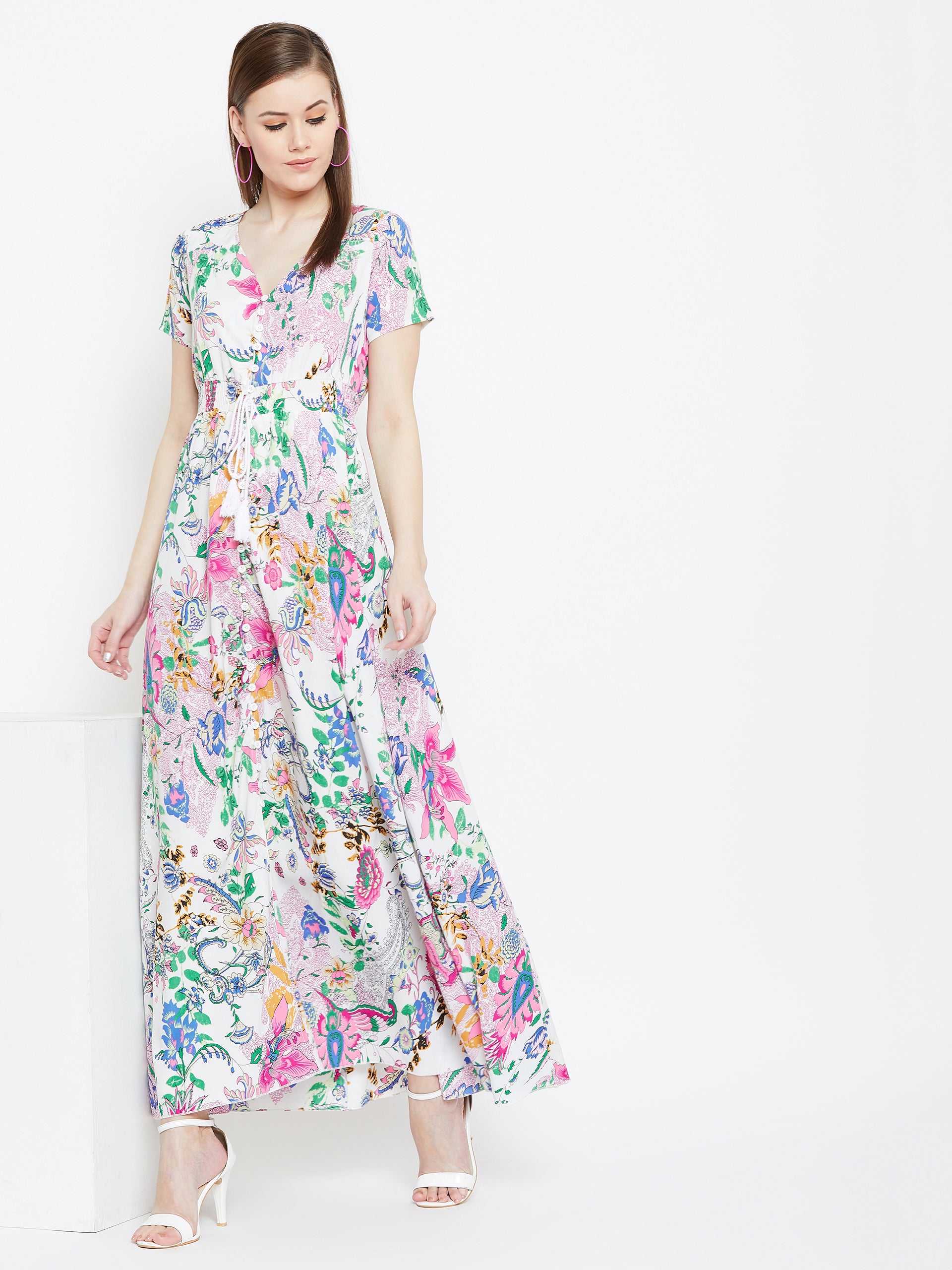 Berrylush Women White & Green V-Neck Pleated Fit and Flare Maxi Dress Berrylush Women White & Green V-Neck Pleated Fit and Flare Maxi Dress