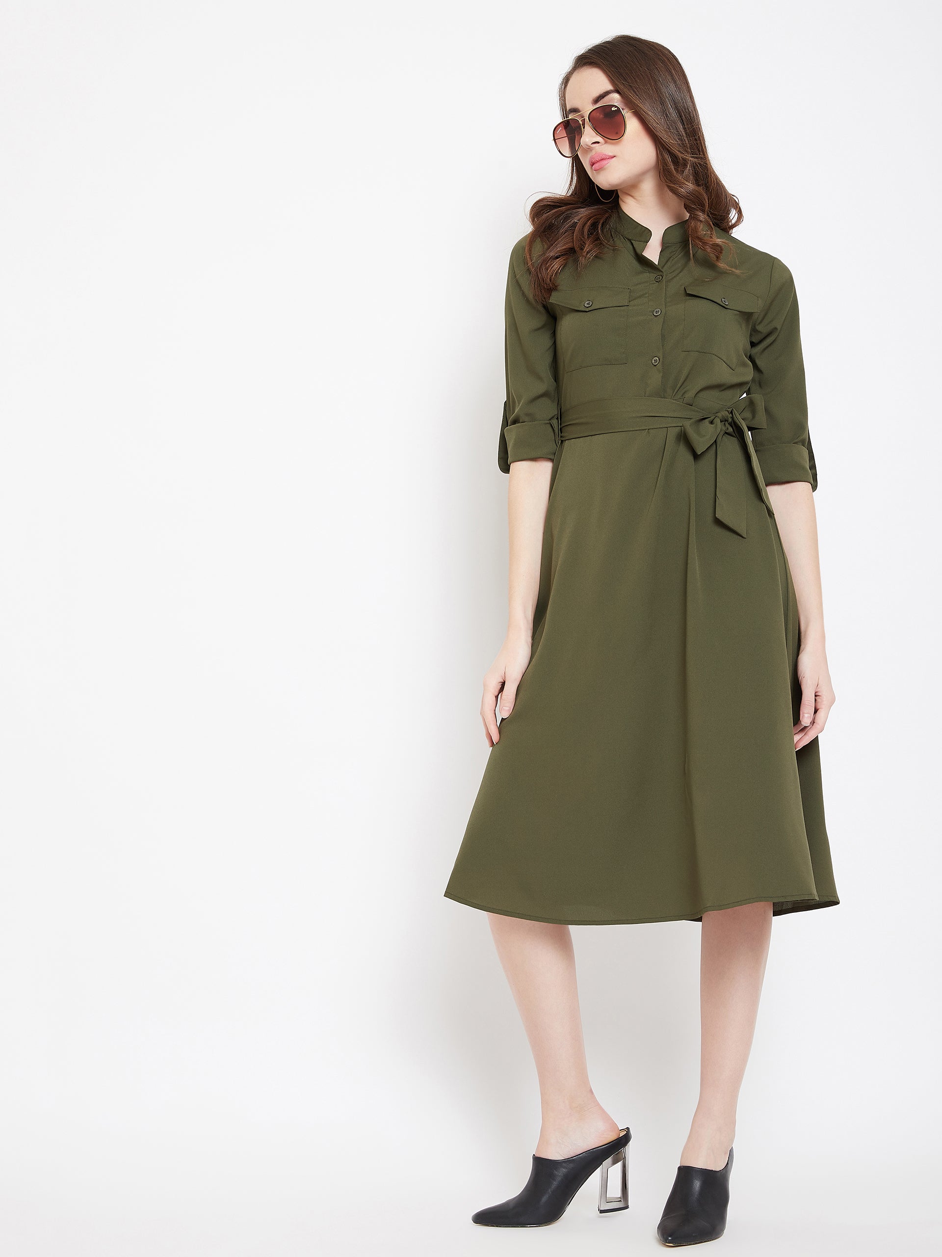 Berrylush Women Solid Olive Green Mandarin Collar Button-Up Flared Mid Berrylush Women Solid Olive Green Mandarin Collar Button-Up Flared Mid